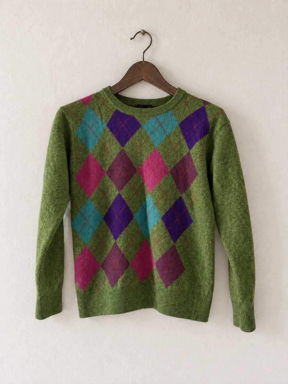 Vintage ESPRIT Green Argyle Lambswool Blend Crewneck Sweater